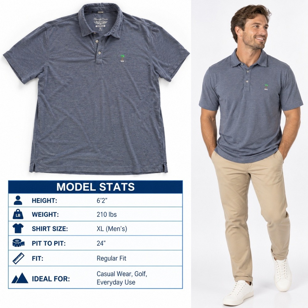 Straight Down Performance Polo Shirt Mens XL Blue Heather Palm Tree Golf 1892